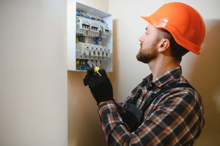 Elettricista al lavoro su un quadro elettrico con interruttori magnetotermici