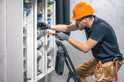 Elettricista al lavoro su un quadro elettrico aperto con cavi colorati