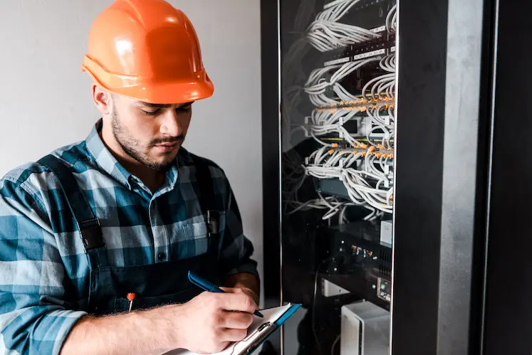 Elettricista professionista al lavoro su un quadro elettrico residenziale