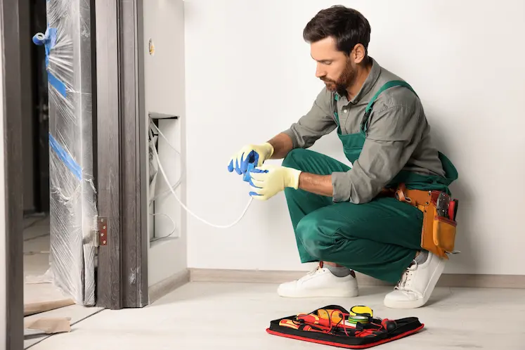 Elettricista ripara un guasto su un impianto elettrico civile